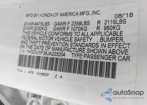 2018 Honda Accord Sport из США, поврежденный, VIN 1HGCV1F36JA225204